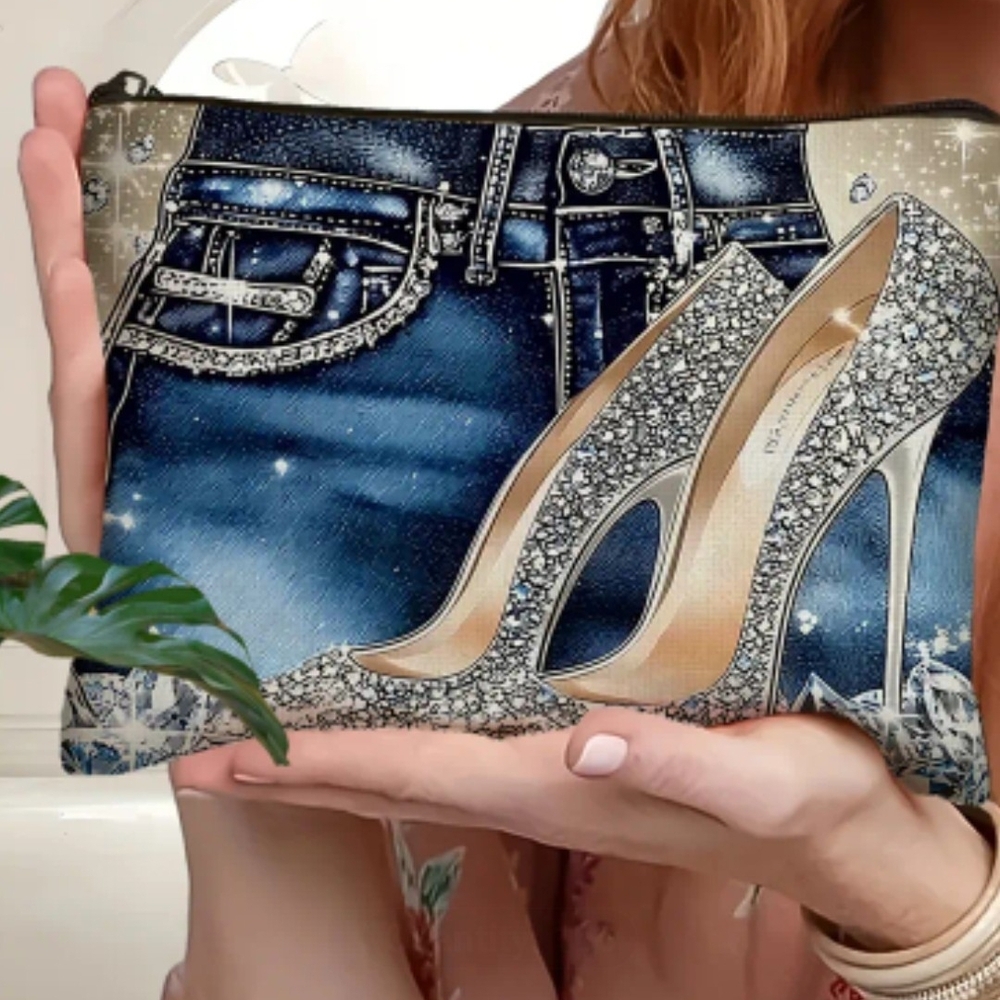 Glamorous Denim and Silver Cosmetic Bag